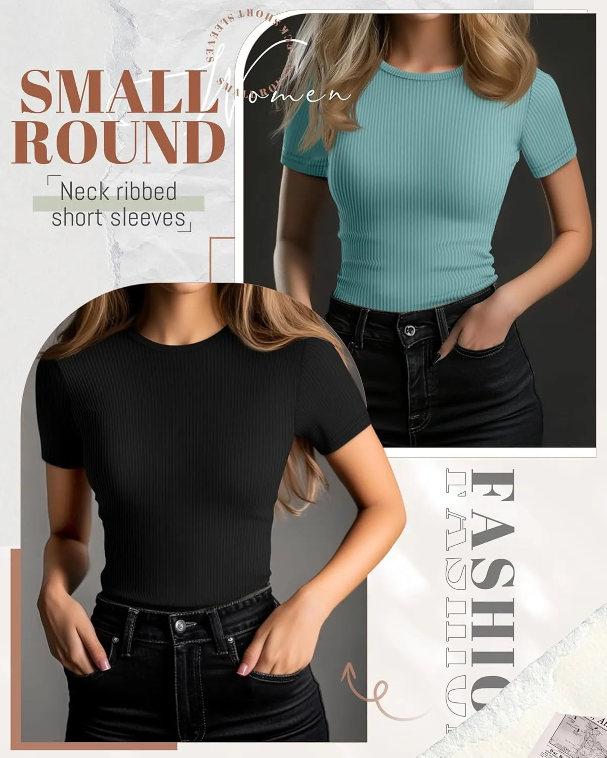 Ficerd 3 Pack Women's Ribbed T-Shirts, Cotton Short Sleeve Basic Tees Crewneck Fitted Tops Casual Shirts 2025 Summer Trendy