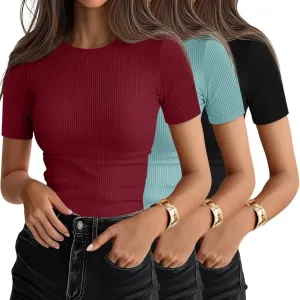 Ficerd 3 Pack Women's Ribbed T-Shirts, Cotton Short Sleeve Basic Tees Crewneck Fitted Tops Casual Shirts 2025 Summer Trendy