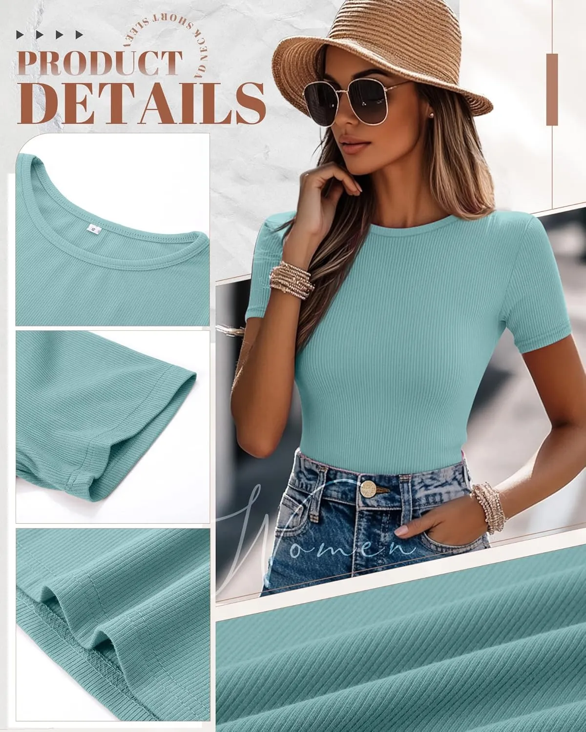 Ficerd 3 Pack Women's Ribbed T-Shirts, Cotton Short Sleeve Basic Tees Crewneck Fitted Tops Casual Shirts 2025 Summer Trendy
