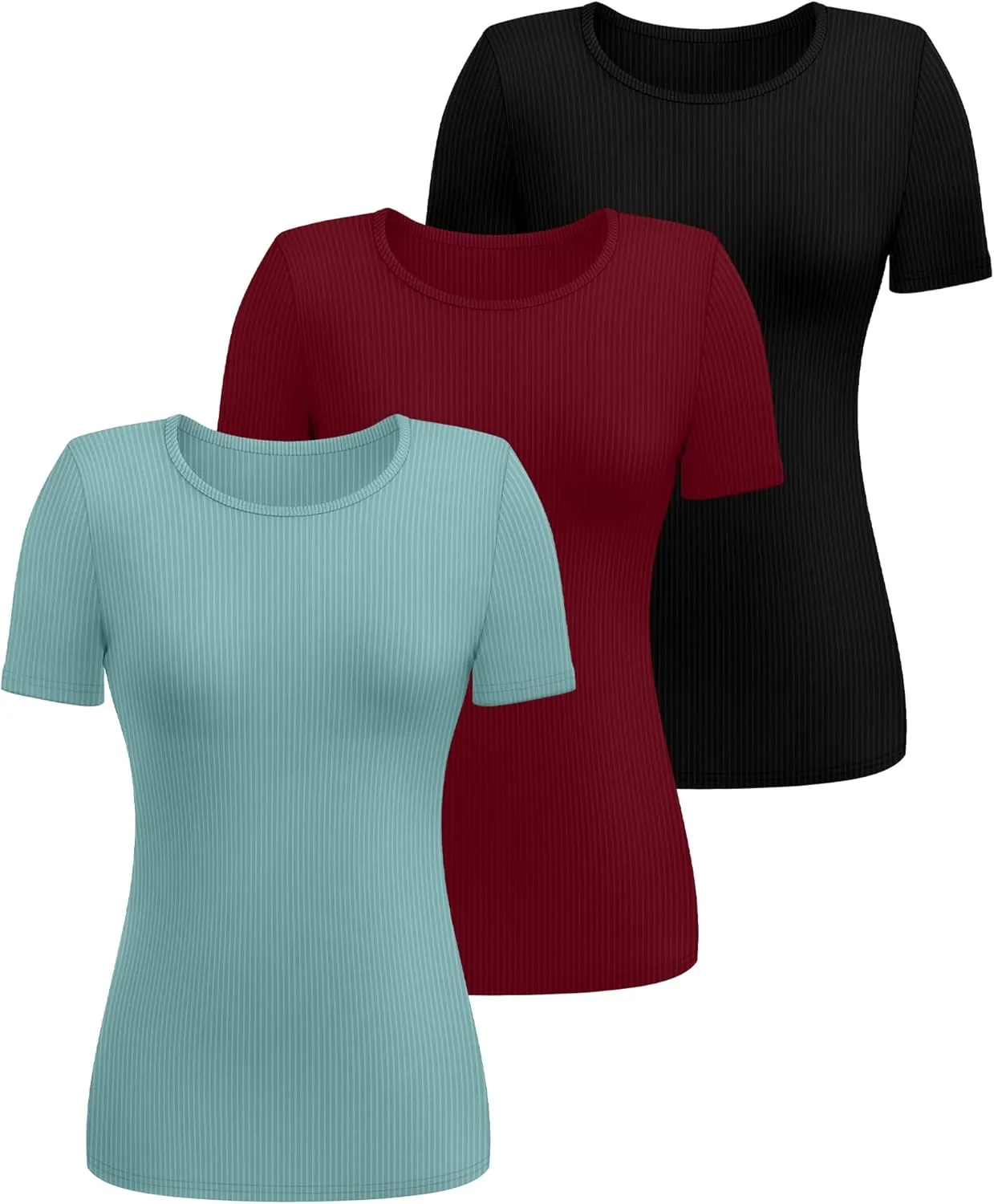 Ficerd 3 Pack Women's Ribbed T-Shirts, Cotton Short Sleeve Basic Tees Crewneck Fitted Tops Casual Shirts 2025 Summer Trendy