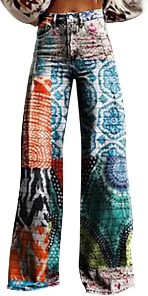 Flare Jeans for Women Wide Leg Pants Vintage Floral Print High Waisted Straight Stretch Going Out Street Trousers