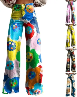 Flare Jeans for Women Wide Leg Pants Vintage Floral Print High Waisted Straight Stretch Going Out Street Trousers