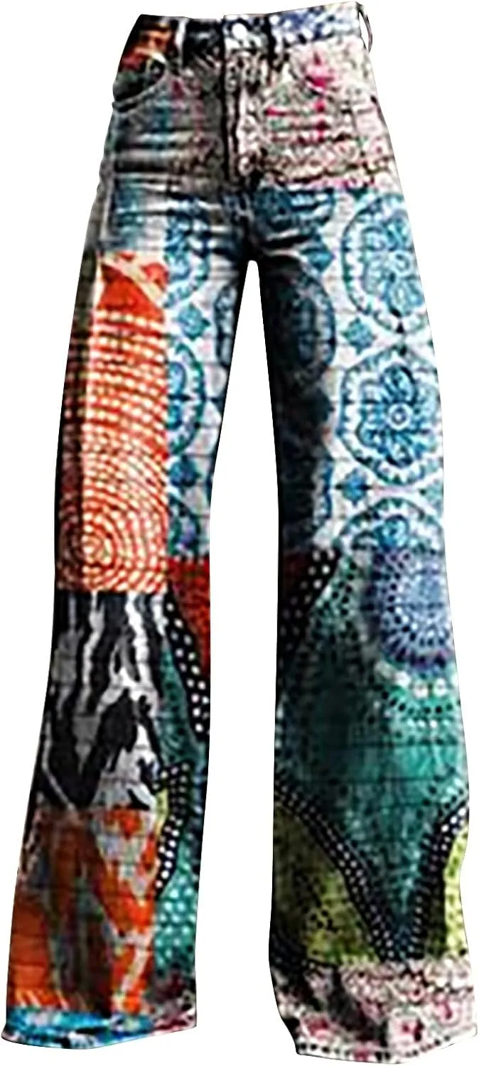 Flare Jeans for Women Wide Leg Pants Vintage Floral Print High Waisted Straight Stretch Going Out Street Trousers
