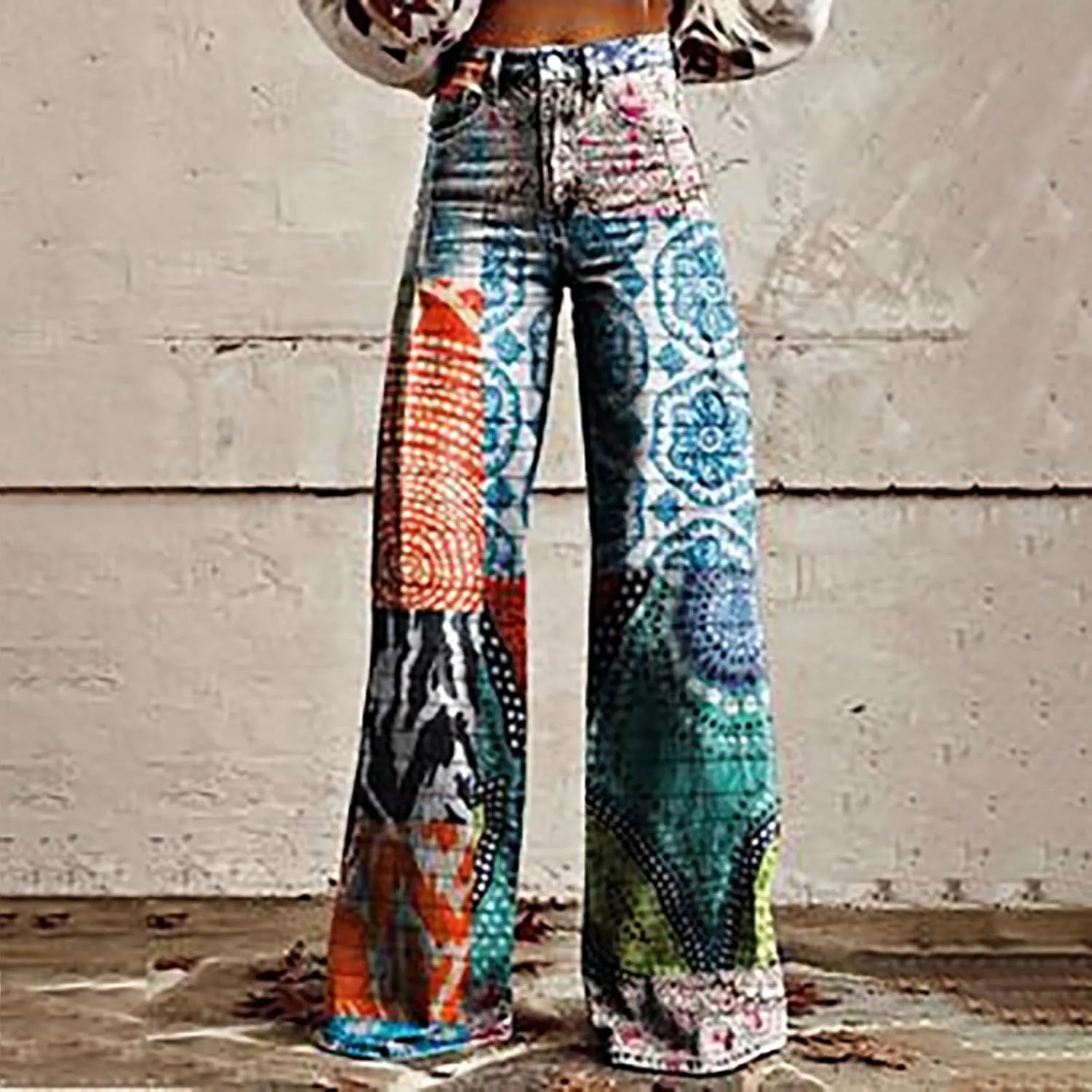Flare Jeans for Women Wide Leg Pants Vintage Floral Print High Waisted Straight Stretch Going Out Street Trousers