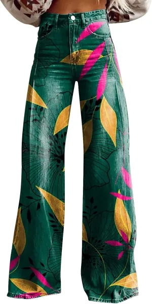 Flare Jeans for Women Wide Leg Pants Vintage Floral Print High Waisted Straight Stretch Going Out Street Trousers