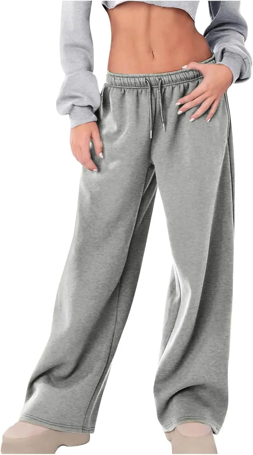 Fleece Lined Sweatpants for Women Casual Baggy Wide Leg Sweat Pants Loose Fall Elastic Waist Athletic Joggers Trendy