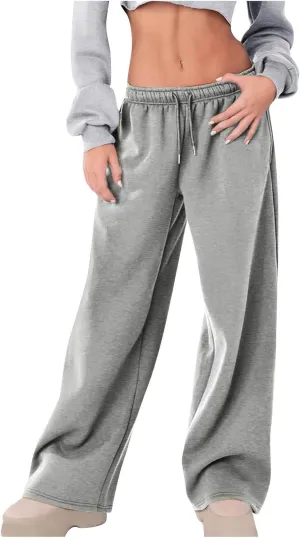 Fleece Lined Sweatpants for Women Casual Baggy Wide Leg Sweat Pants Loose Fall Elastic Waist Athletic Joggers Trendy