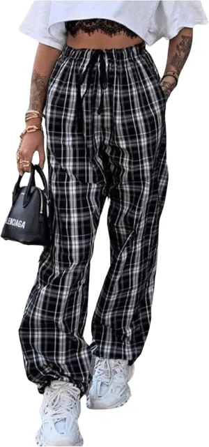 Floerns Women's Plaid Print Drawstring Waist Trousers Straight Leg Street Pants