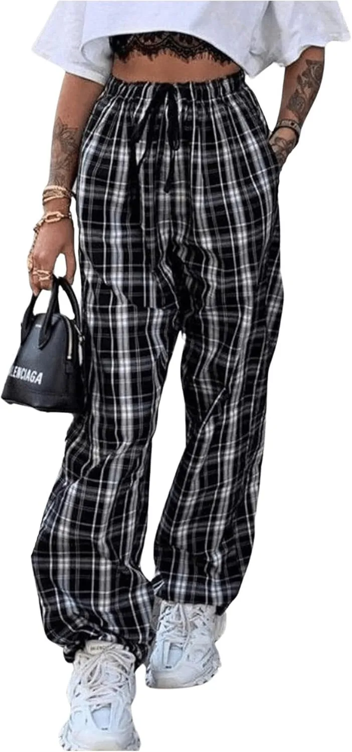 Floerns Women's Plaid Print Drawstring Waist Trousers Straight Leg Street Pants