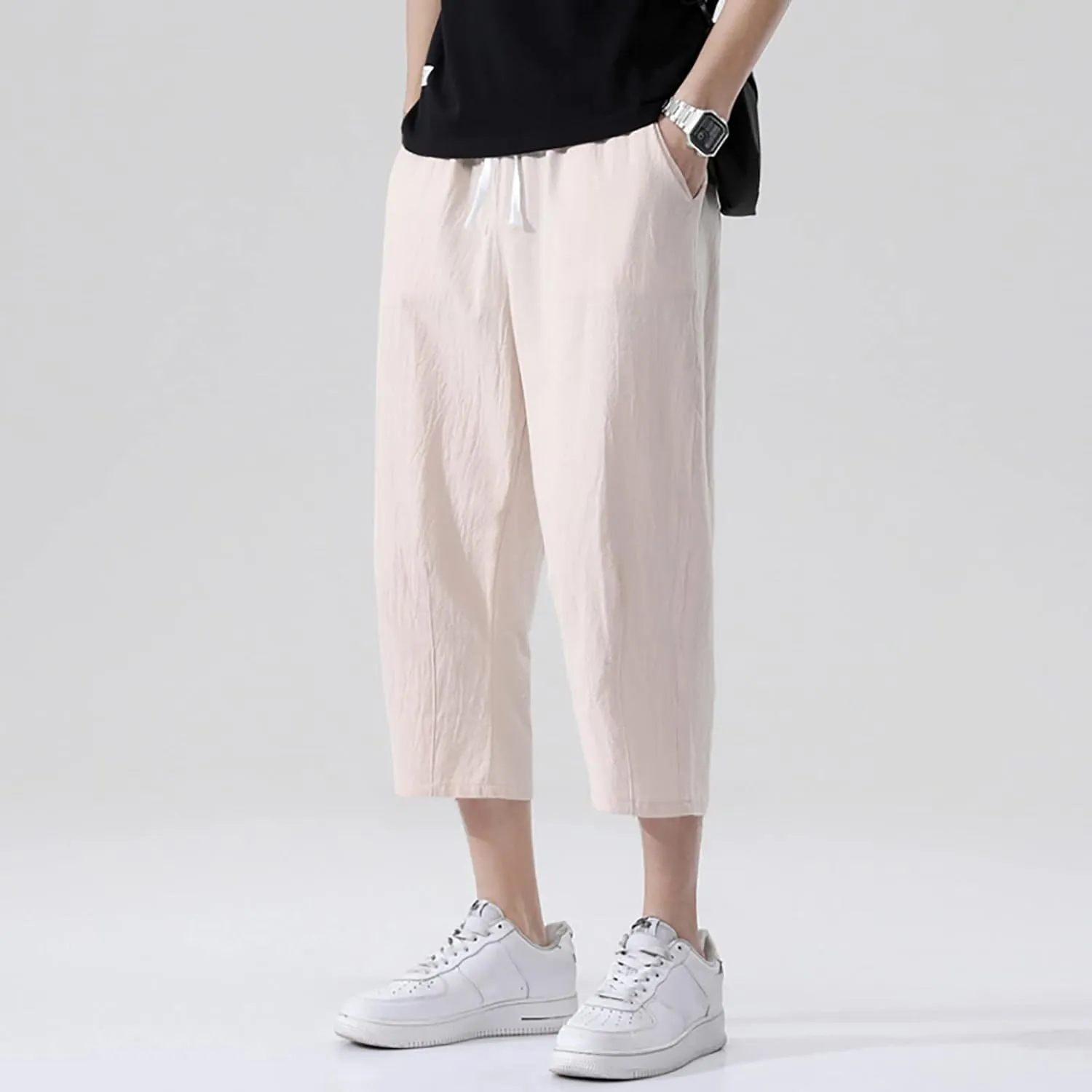 FZVYD Mens Pink Pants Mens Casual Elastic Drawstring Cargo Pants Lightweight Relaxed Fit Cotton Workout Sweatpants 2023