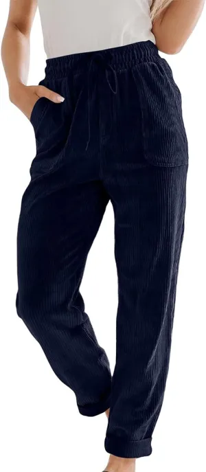 FZYLQY Corduroy Pants for Women Casual Drawstring Elastic High Waist Straight Leg Pants Loose Comfy Trousers with Pockets