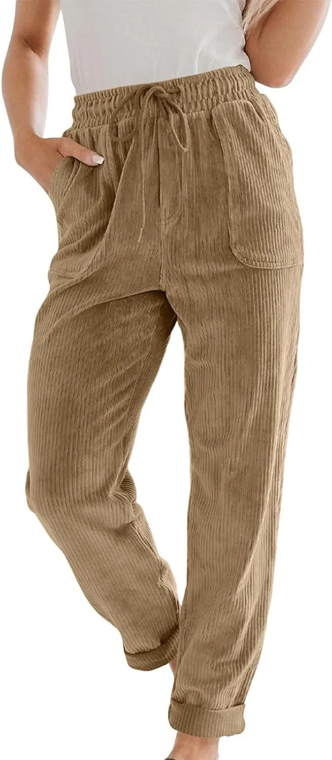 FZYLQY Corduroy Pants for Women Casual Drawstring Elastic High Waist Straight Leg Pants Loose Comfy Trousers with Pockets