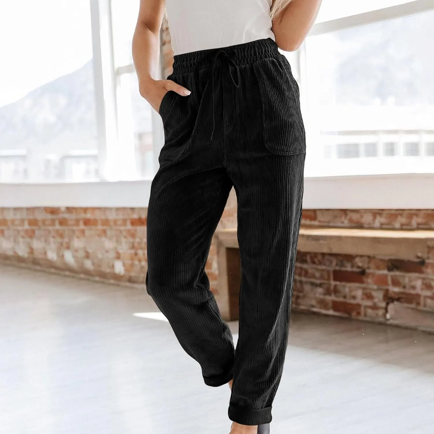 FZYLQY Corduroy Pants for Women Casual Drawstring Elastic High Waist Straight Leg Pants Loose Comfy Trousers with Pockets