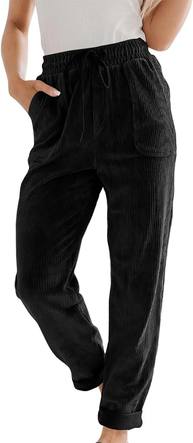 FZYLQY Corduroy Pants for Women Casual Drawstring Elastic High Waist Straight Leg Pants Loose Comfy Trousers with Pockets