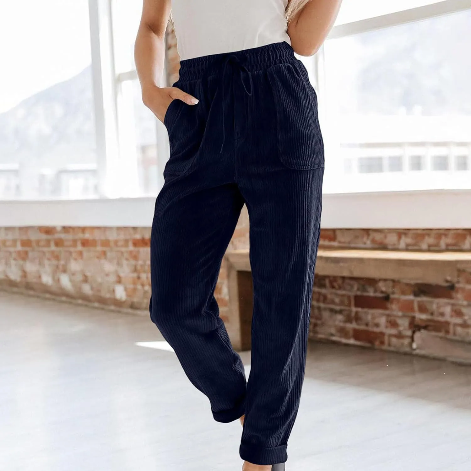 FZYLQY Corduroy Pants for Women Casual Drawstring Elastic High Waist Straight Leg Pants Loose Comfy Trousers with Pockets
