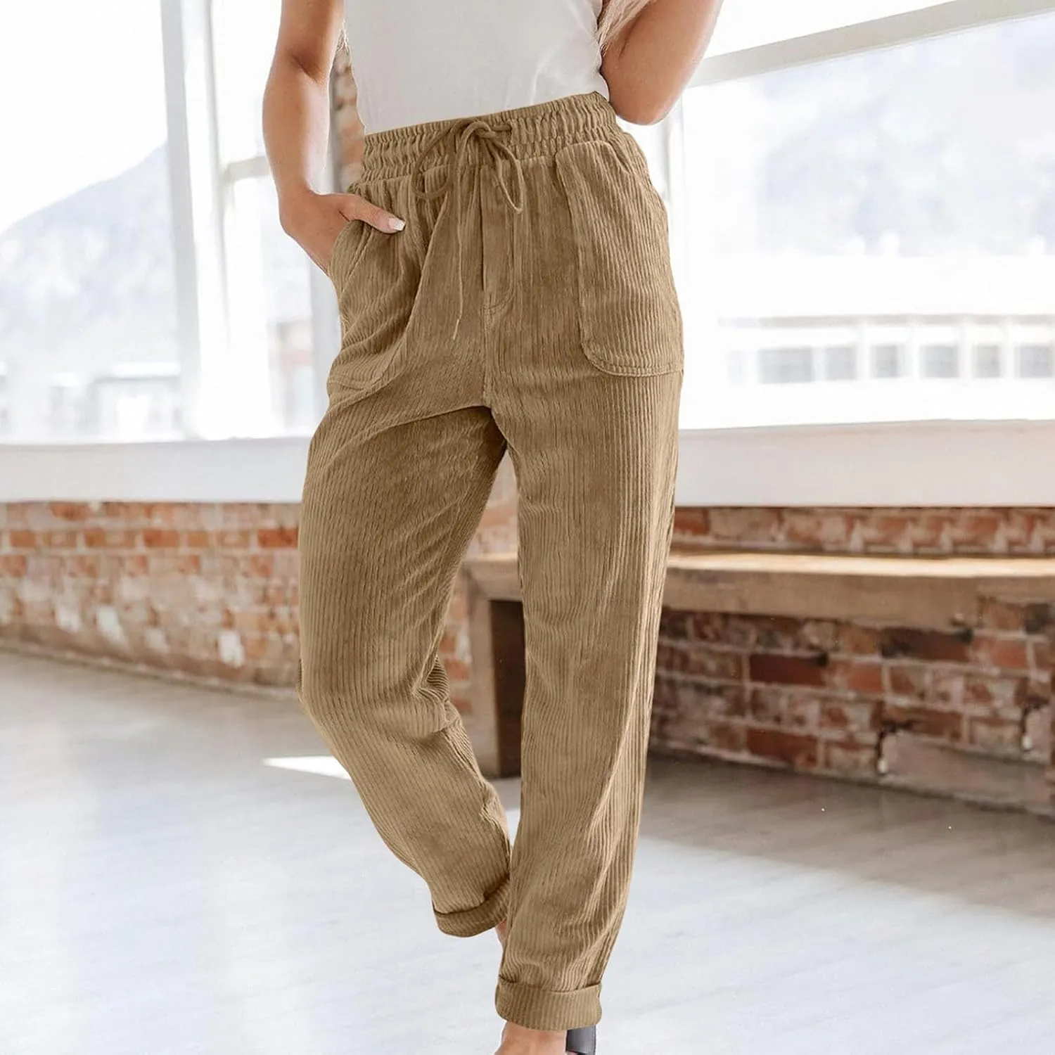FZYLQY Corduroy Pants for Women Casual Drawstring Elastic High Waist Straight Leg Pants Loose Comfy Trousers with Pockets