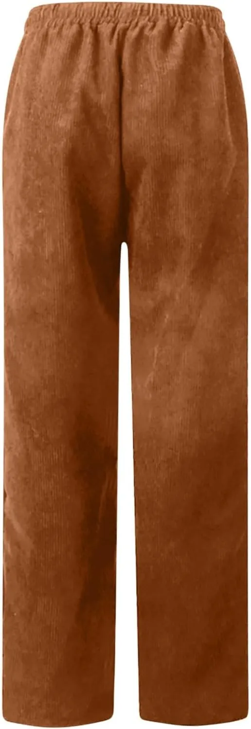 FZYLQY Corduroy Pants for Women Casual Drawstring Elastic High Waist Straight Leg Pants Loose Comfy Trousers with Pockets