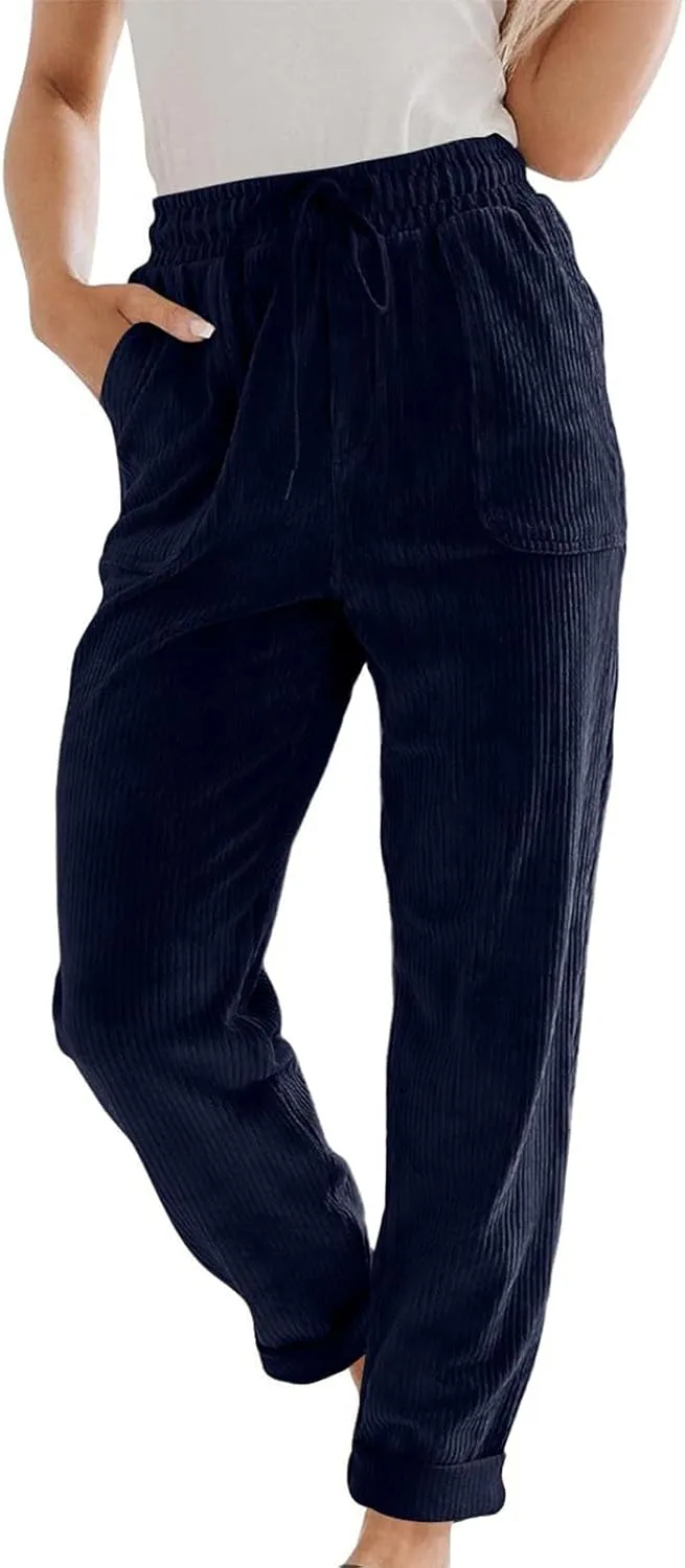 FZYLQY Corduroy Pants for Women Casual Drawstring Elastic High Waist Straight Leg Pants Loose Comfy Trousers with Pockets