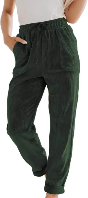FZYLQY Corduroy Pants for Women Casual Drawstring Elastic High Waist Straight Leg Pants Loose Comfy Trousers with Pockets