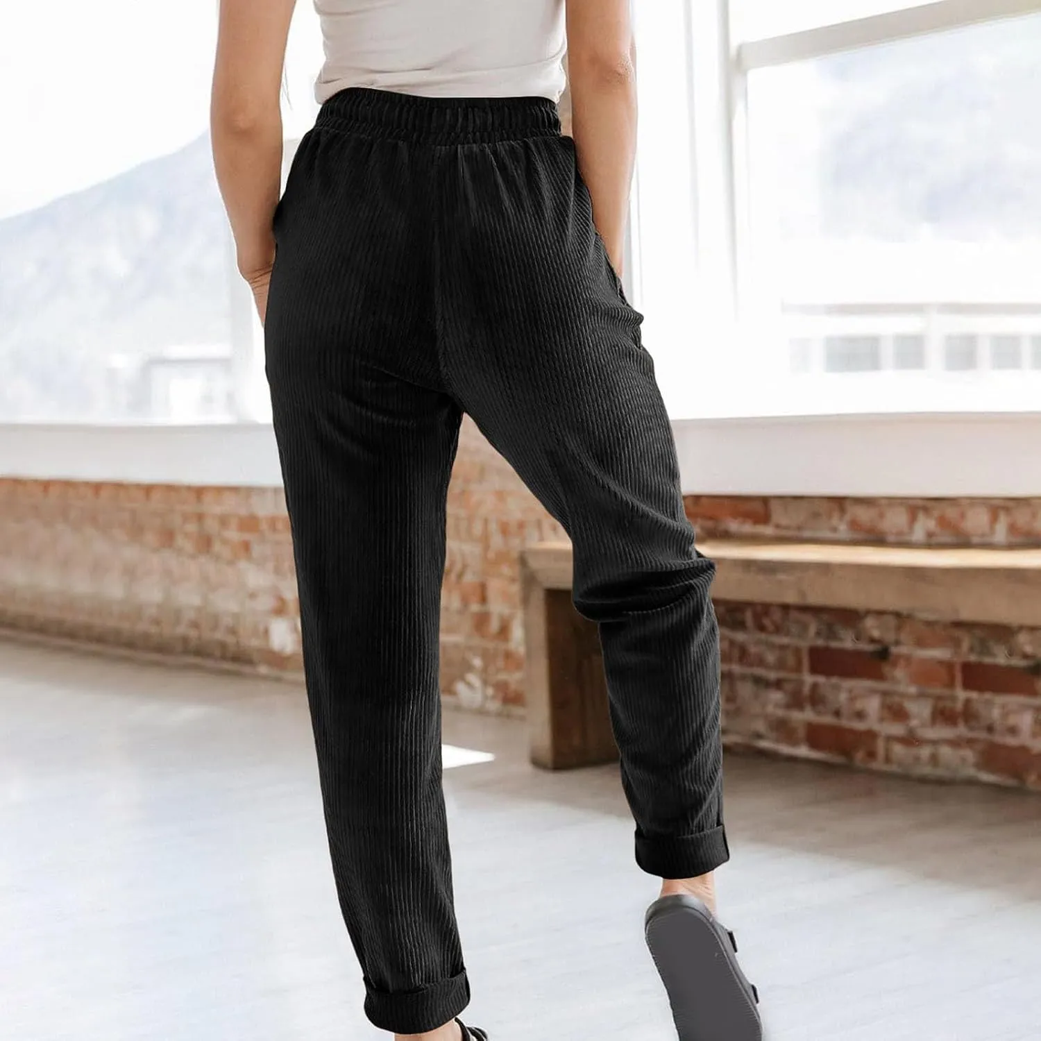 FZYLQY Corduroy Pants for Women Casual Drawstring Elastic High Waist Straight Leg Pants Loose Comfy Trousers with Pockets