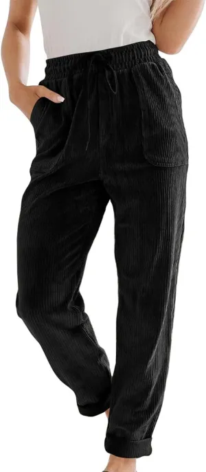 FZYLQY Corduroy Pants for Women Casual Drawstring Elastic High Waist Straight Leg Pants Loose Comfy Trousers with Pockets