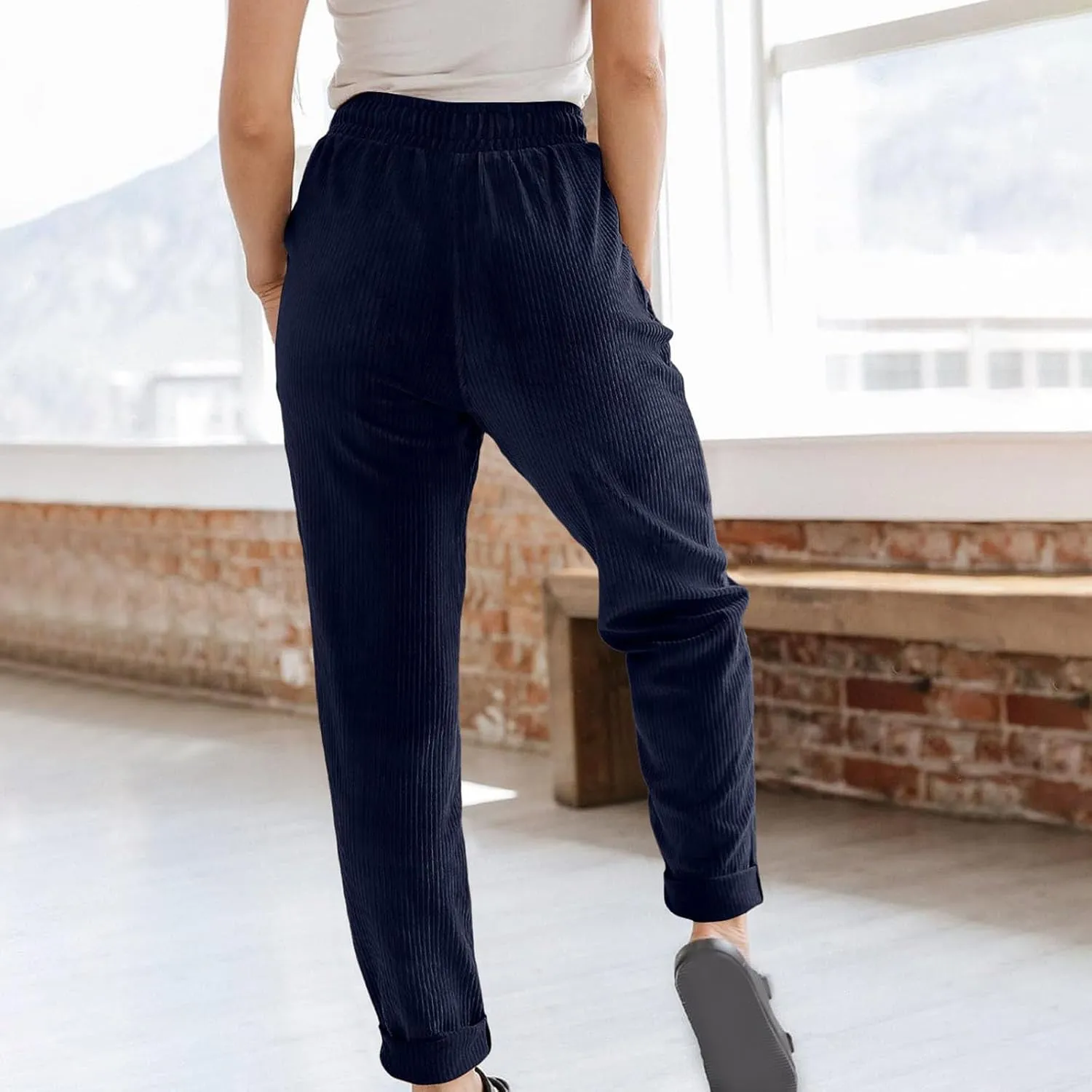 FZYLQY Corduroy Pants for Women Casual Drawstring Elastic High Waist Straight Leg Pants Loose Comfy Trousers with Pockets