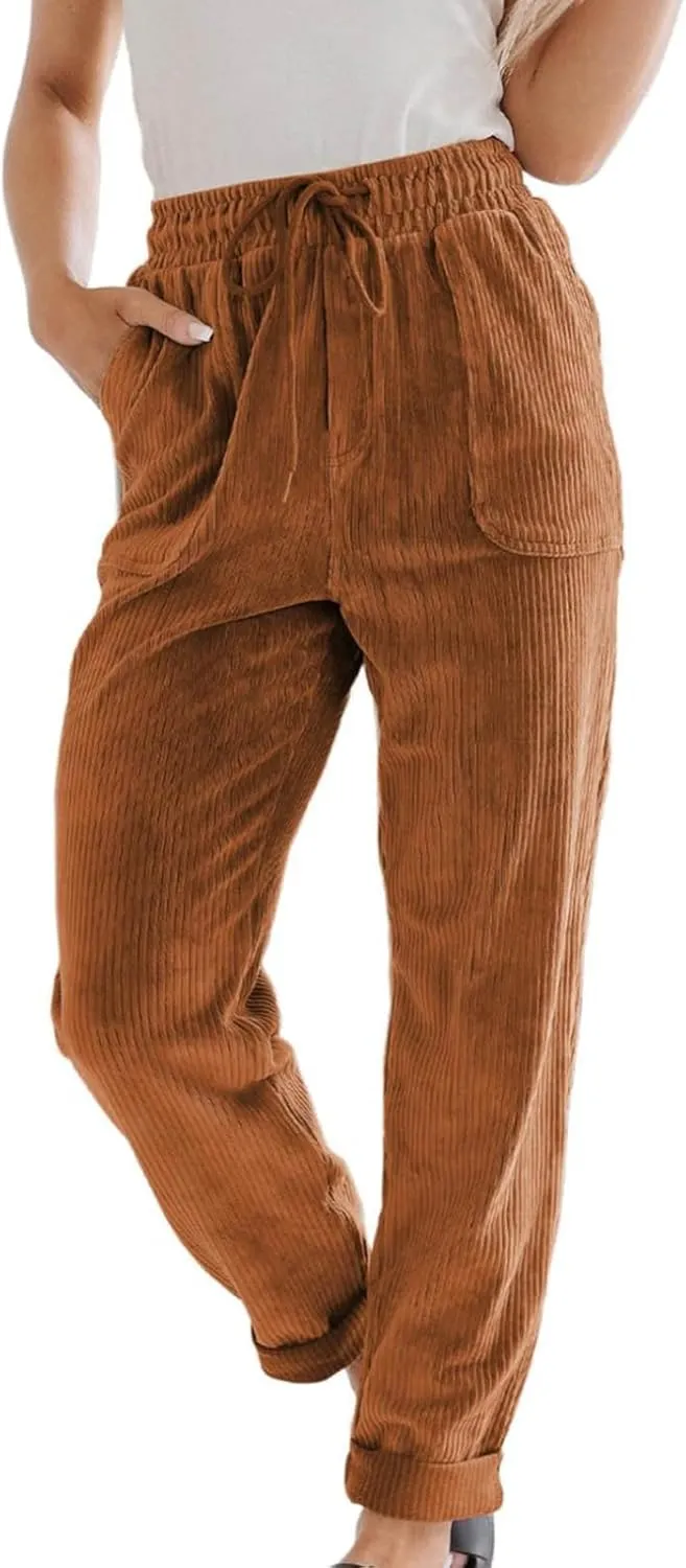 FZYLQY Corduroy Pants for Women Casual Drawstring Elastic High Waist Straight Leg Pants Loose Comfy Trousers with Pockets