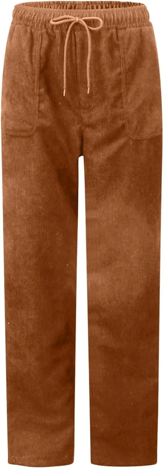 FZYLQY Corduroy Pants for Women Casual Drawstring Elastic High Waist Straight Leg Pants Loose Comfy Trousers with Pockets