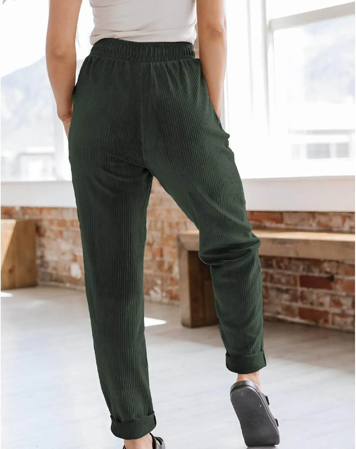 FZYLQY Corduroy Pants for Women Casual Drawstring Elastic High Waist Straight Leg Pants Loose Comfy Trousers with Pockets