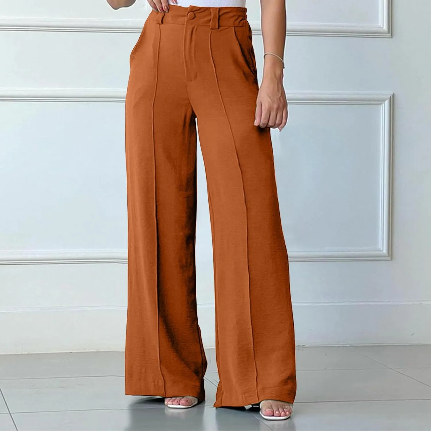 FZYLQY Women's Button High Waist Wide Leg Pants Solid Stretch Straight Leg Trousers Lightweight Casual Pants with Pockets