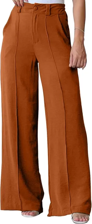 FZYLQY Women's Button High Waist Wide Leg Pants Solid Stretch Straight Leg Trousers Lightweight Casual Pants with Pockets