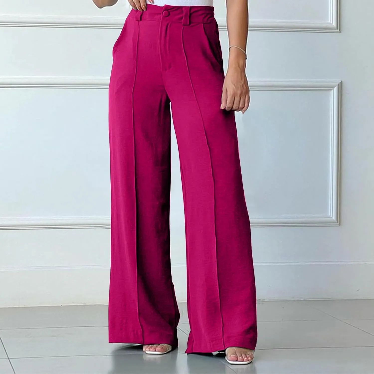 FZYLQY Women's Button High Waist Wide Leg Pants Solid Stretch Straight Leg Trousers Lightweight Casual Pants with Pockets
