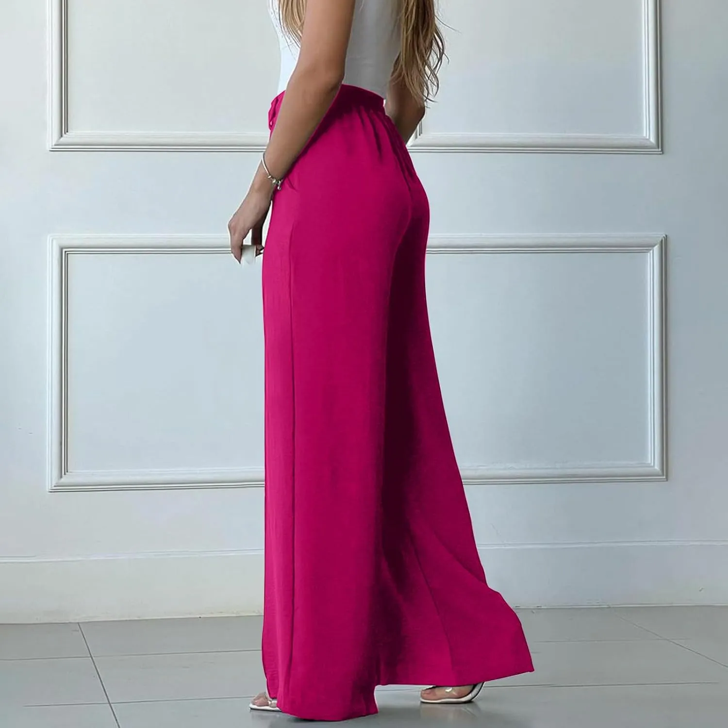FZYLQY Women's Button High Waist Wide Leg Pants Solid Stretch Straight Leg Trousers Lightweight Casual Pants with Pockets