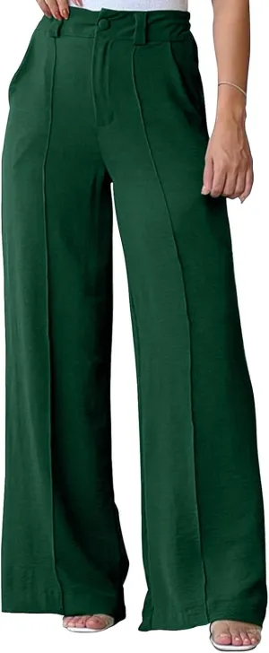 FZYLQY Women's Button High Waist Wide Leg Pants Solid Stretch Straight Leg Trousers Lightweight Casual Pants with Pockets