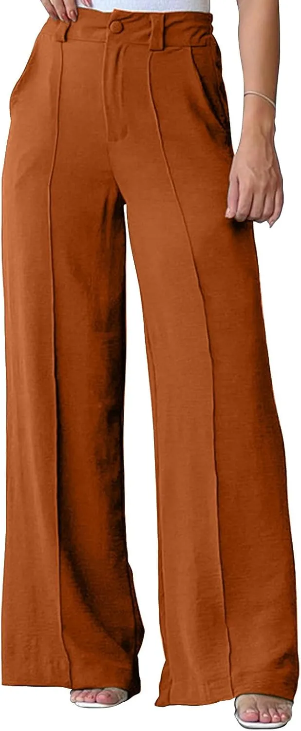 FZYLQY Women's Button High Waist Wide Leg Pants Solid Stretch Straight Leg Trousers Lightweight Casual Pants with Pockets