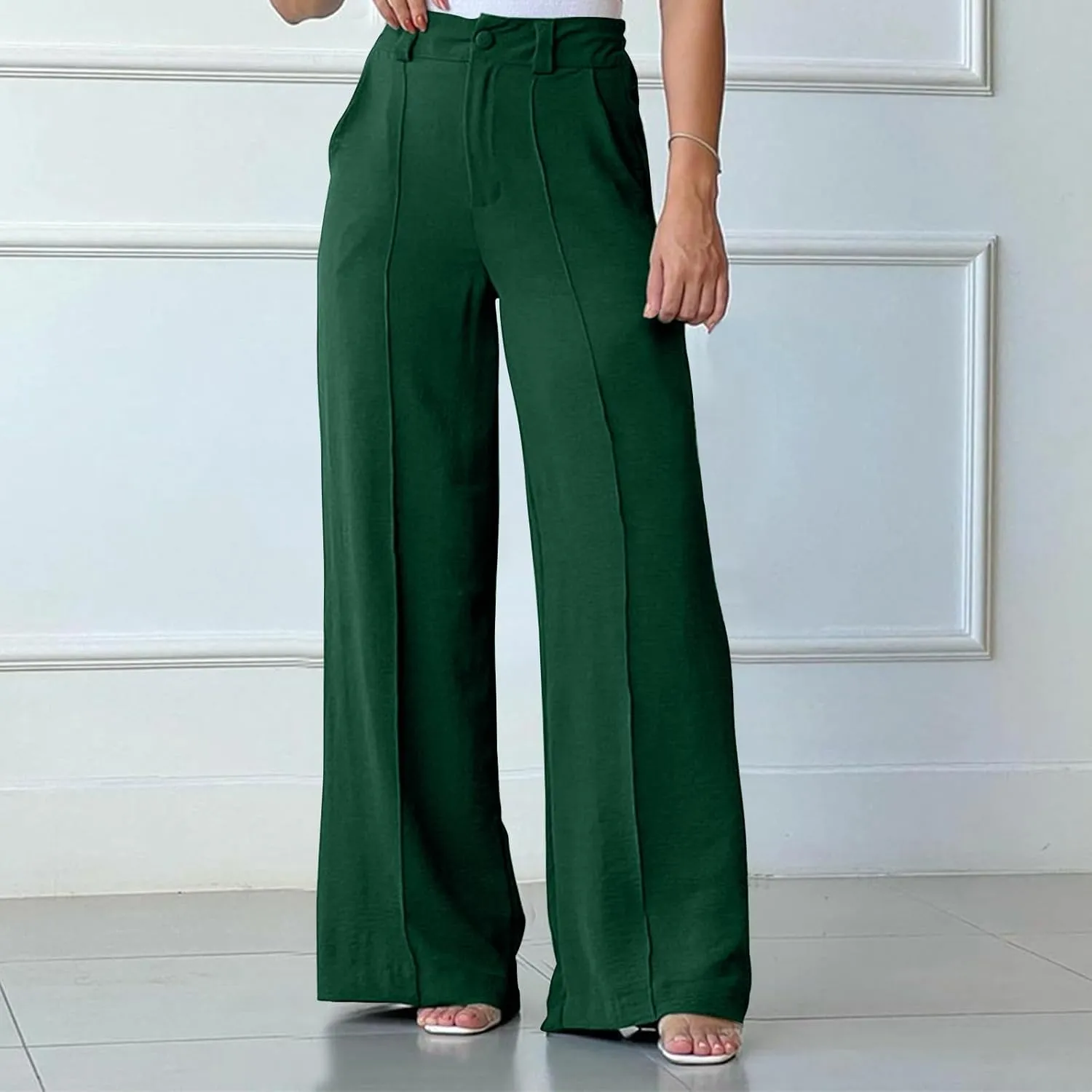 FZYLQY Women's Button High Waist Wide Leg Pants Solid Stretch Straight Leg Trousers Lightweight Casual Pants with Pockets