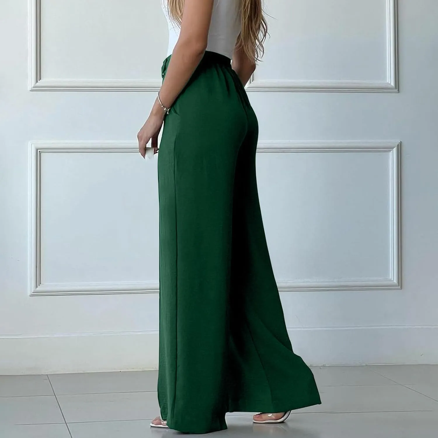 FZYLQY Women's Button High Waist Wide Leg Pants Solid Stretch Straight Leg Trousers Lightweight Casual Pants with Pockets