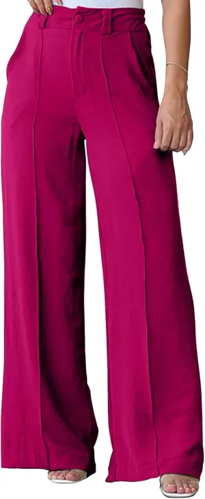 FZYLQY Women's Button High Waist Wide Leg Pants Solid Stretch Straight Leg Trousers Lightweight Casual Pants with Pockets