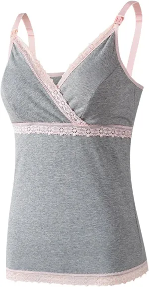 HGps8w Womens Built in Bra Nursing Tank Tops for Breastfeeding Maternity, Lace Trim V Neck Camisoles Sleeveless Cami Shirts