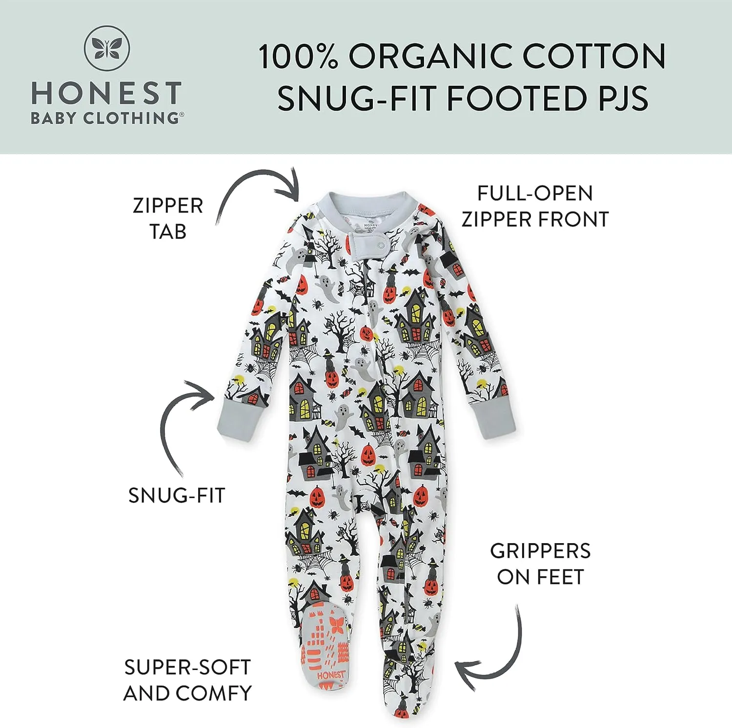 HonestBaby Baby 100% Organic Cotton Celebration Non-Slip Footed One-Piece Zip-Front Pajamas