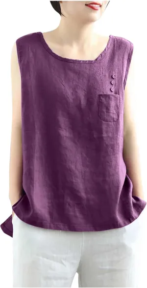 JOAU Cotton Linen Tank Tops for Womens Summer Sleeveless Crewneck Blouse Casual Solid Loose Basic Shirt with Pocket Plus Size