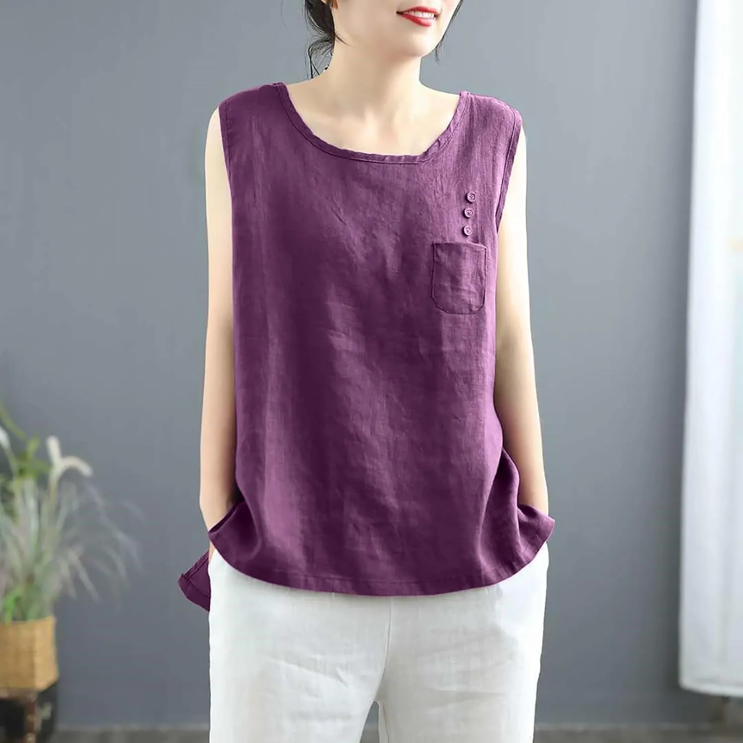JOAU Cotton Linen Tank Tops for Womens Summer Sleeveless Crewneck Blouse Casual Solid Loose Basic Shirt with Pocket Plus Size