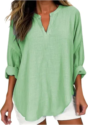 JOAU Women's Casual Cotton Linen Shirts, Summer Long Sleeve V Neck Loose Fit T Shirts Solid Button Henley Blouse Tunic Tops