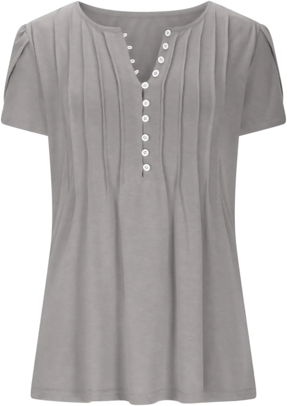 JOAU Women's Petal Short Sleeve Flowy Tunic Tops Dressy Casual Summer Pleated Front Blouses Loose V Neck Button Henley Shirts