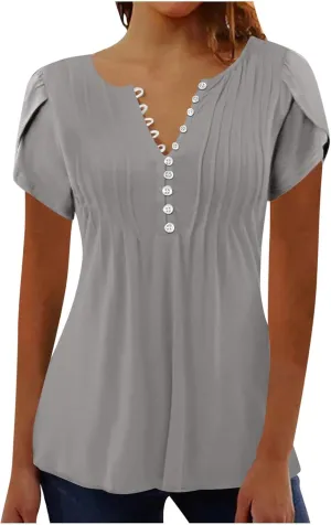 JOAU Women's Petal Short Sleeve Flowy Tunic Tops Dressy Casual Summer Pleated Front Blouses Loose V Neck Button Henley Shirts