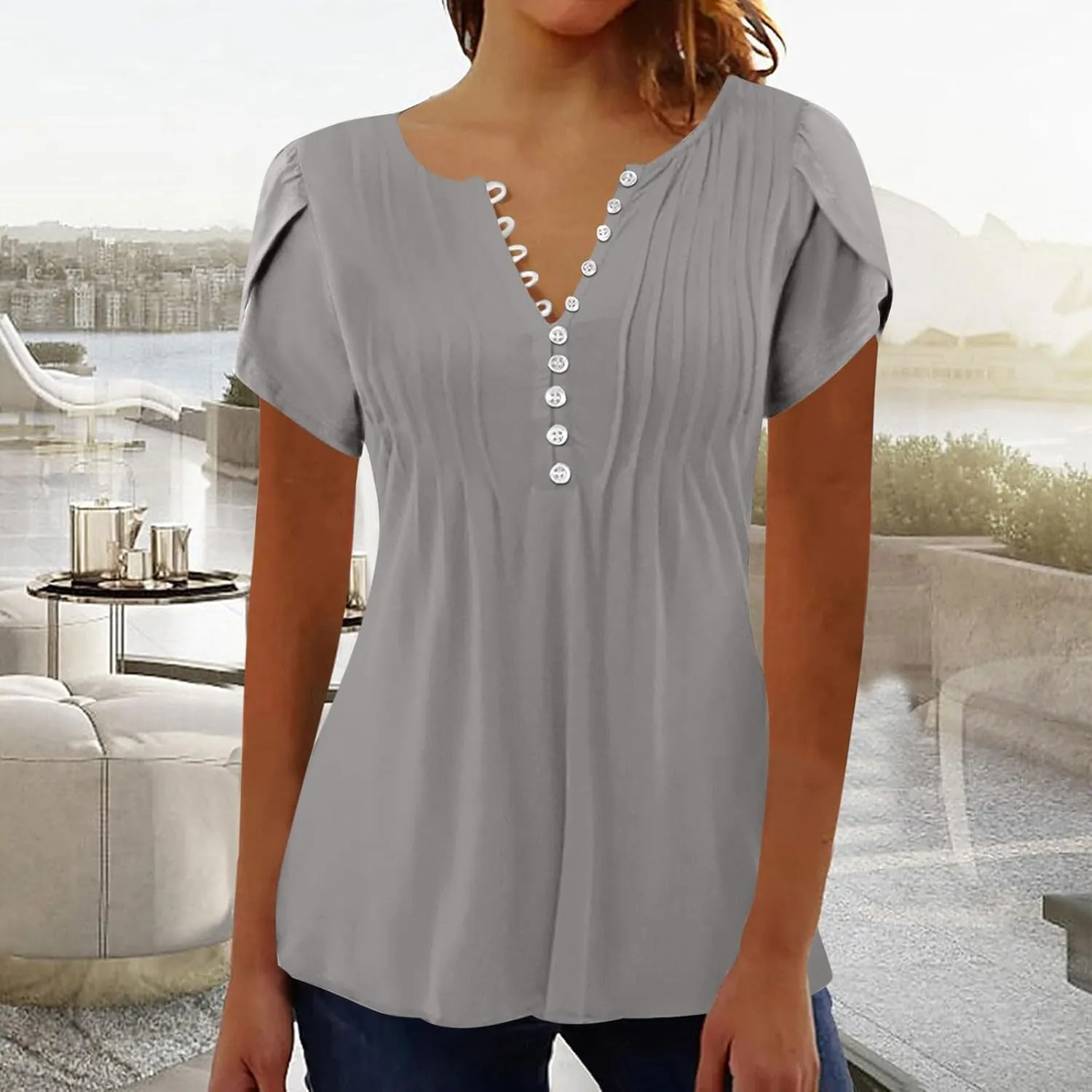 JOAU Women's Petal Short Sleeve Flowy Tunic Tops Dressy Casual Summer Pleated Front Blouses Loose V Neck Button Henley Shirts
