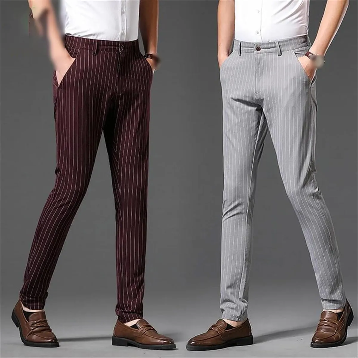 Kelsiop Summer Striped Trousers Men's Formal Business Burgundy Gray Navy Blue Black Slim-Fitting Non-Iron Luxury Trousers