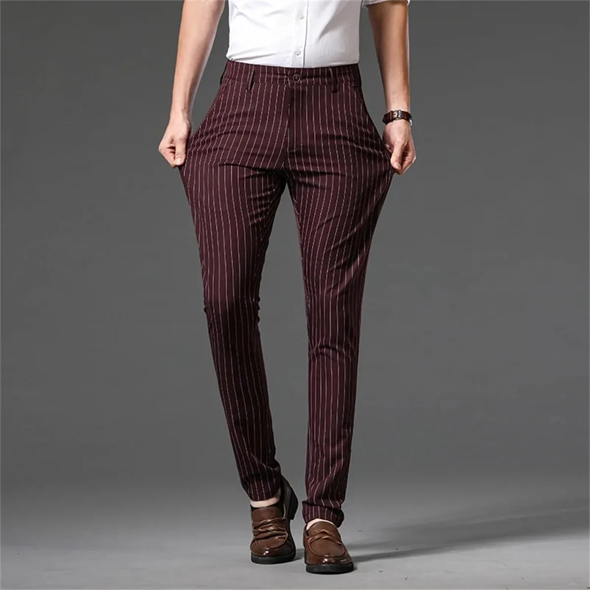 Kelsiop Summer Striped Trousers Men's Formal Business Burgundy Gray Navy Blue Black Slim-Fitting Non-Iron Luxury Trousers