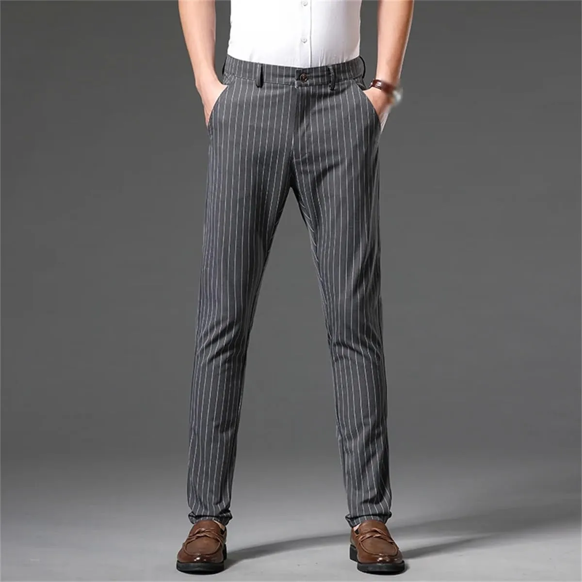 Kelsiop Summer Striped Trousers Men's Formal Business Burgundy Gray Navy Blue Black Slim-Fitting Non-Iron Luxury Trousers