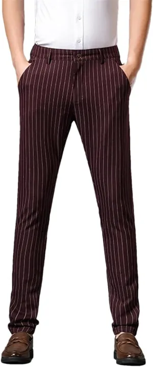 Kelsiop Summer Striped Trousers Men's Formal Business Burgundy Gray Navy Blue Black Slim-Fitting Non-Iron Luxury Trousers